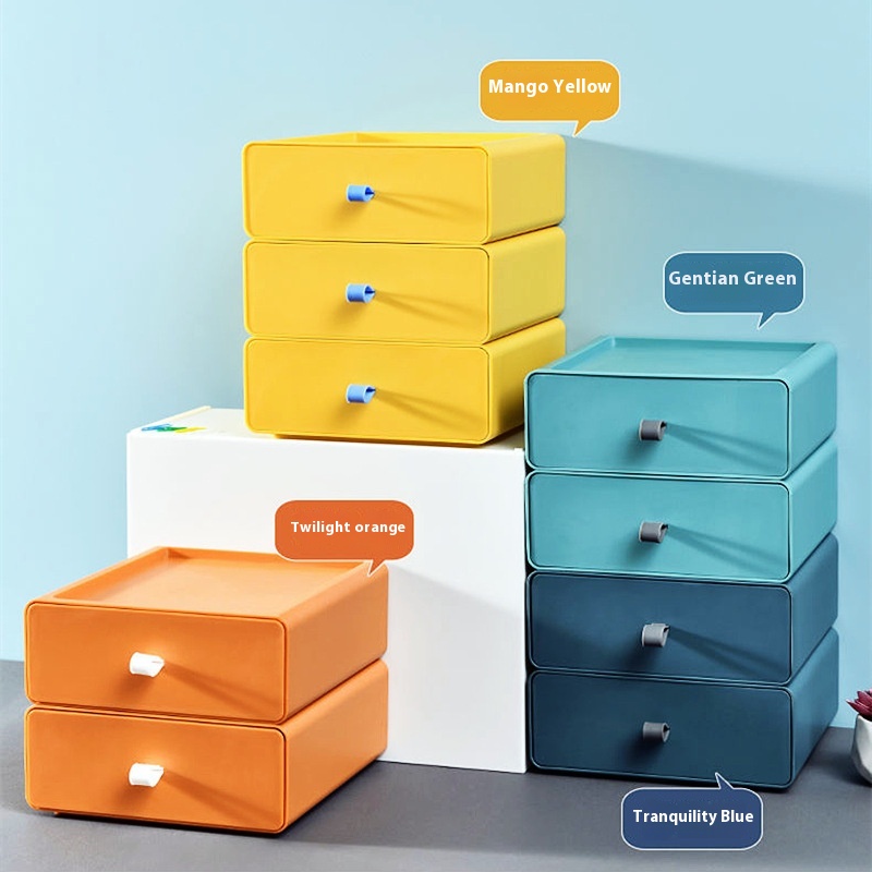 Supplier photograph of yellow, orange and blue-green drawers stacked in groups